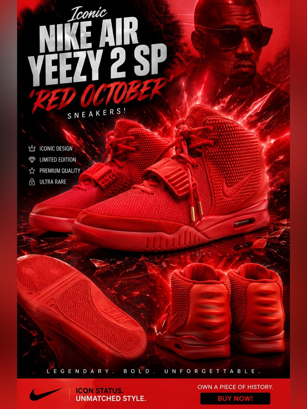New!🔥”RARE” Iconic Nike Air Yeezy 2 SP 'Red October' sneakers!🔥